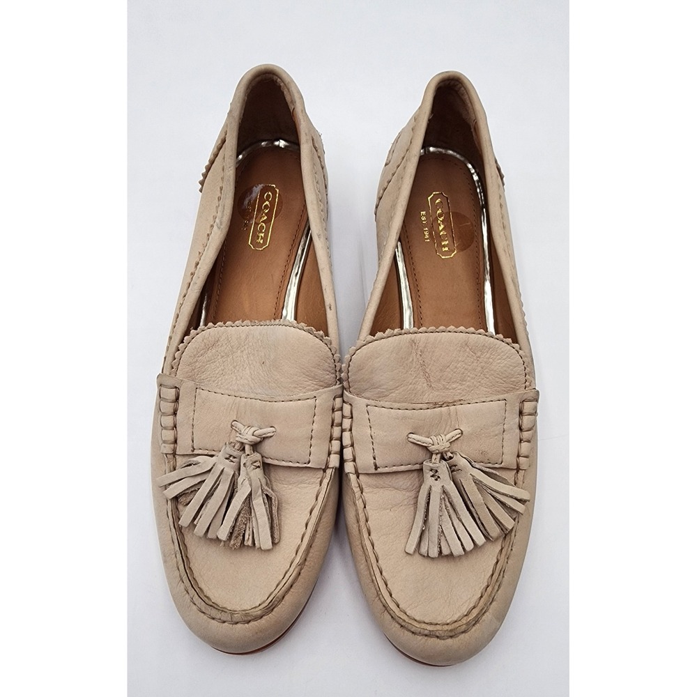 Coach Haydee Tassel Loafers Womens 9 B Beige Leather Whipstitch Slip On VGC - Picture 2 of 14